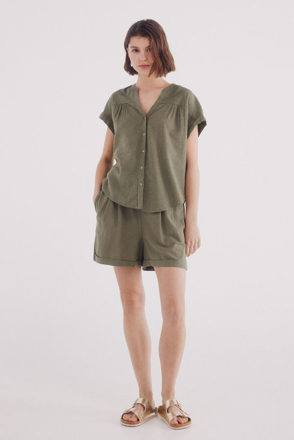 Springfield Blusa escote pico algodón lino kaki