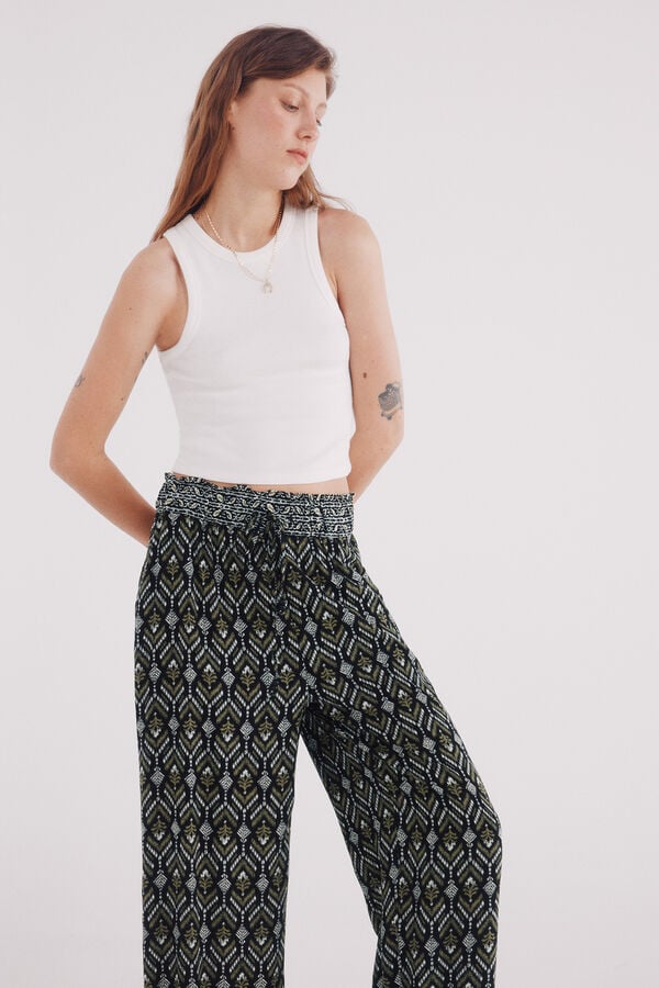 Springfield Pantalón fluido palazzo estampado negro