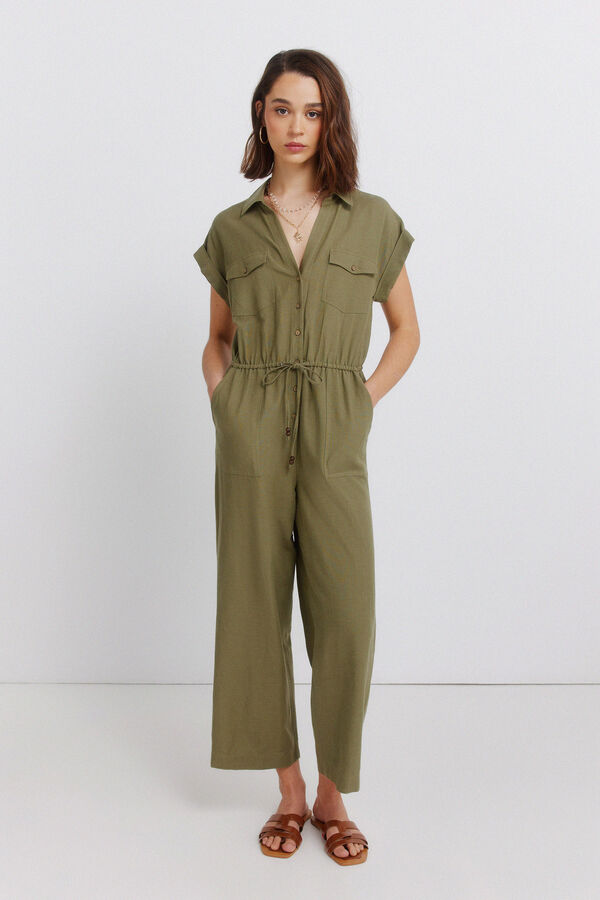 Springfield Jumpsuit de lino con bolsillos kaki