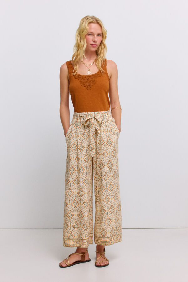 Springfield Pantal&oacute;n fluido estampado con cintur&oacute;n beige