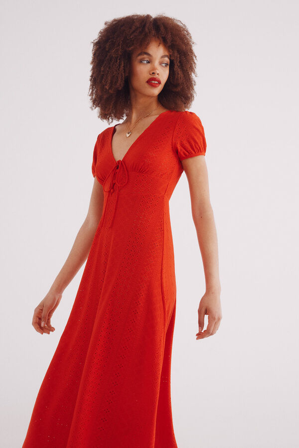 Springfield Vestido midi bordado suizo circular rojo