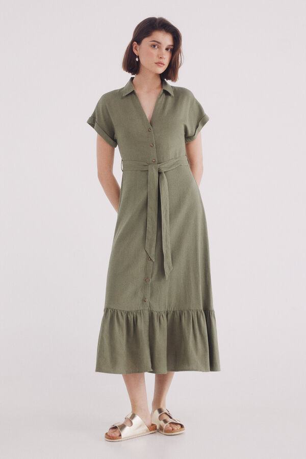 Springfield Vestido midi camisero cinturón lino kaki
