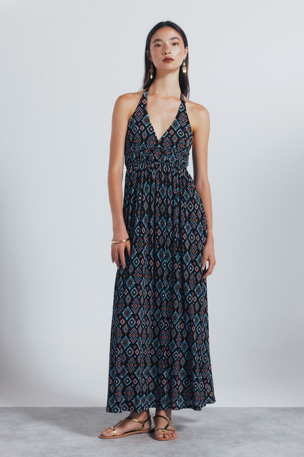 Springfield Vestido midi escote halter estampado geométrico negro