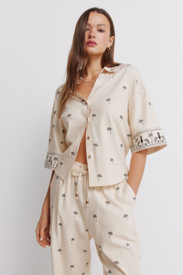 Springfield Pantal&oacute;n de lino estampado caf&eacute;