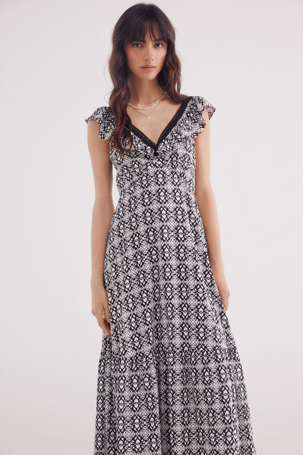 Springfield Vestido midi escote volante lace  negro