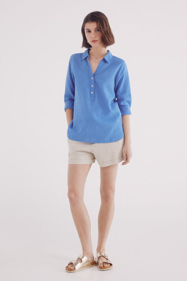 Springfield Blusa polera algodón lino azul