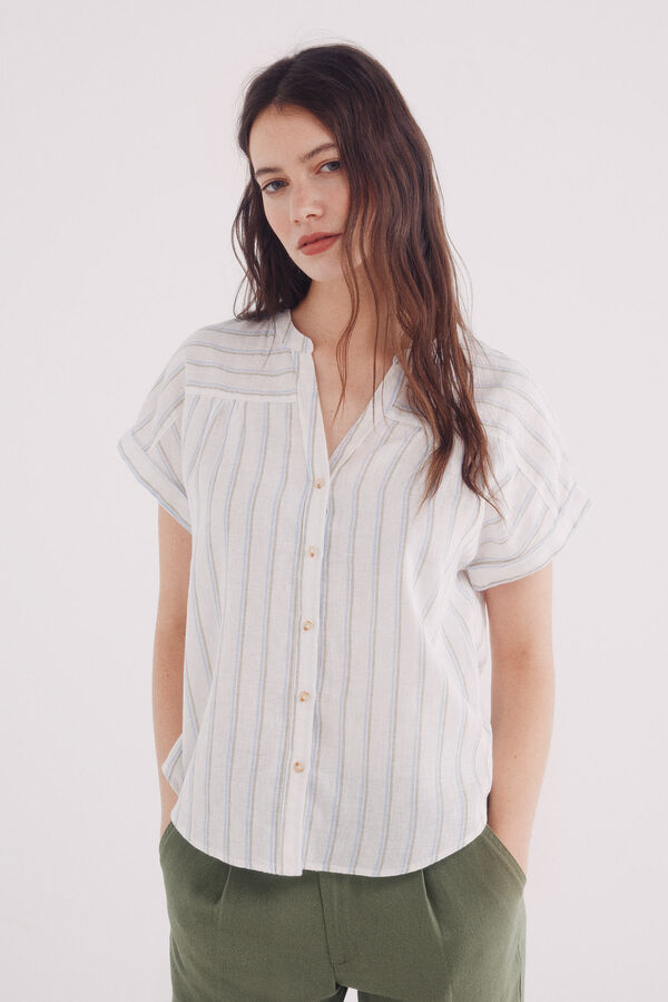 Springfield Blusa escote pico algodón lino café