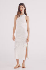 Springfield Vestido midi punto pointelle beige