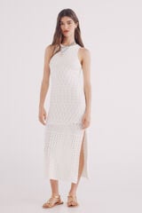 Springfield Vestido midi punto pointelle beige