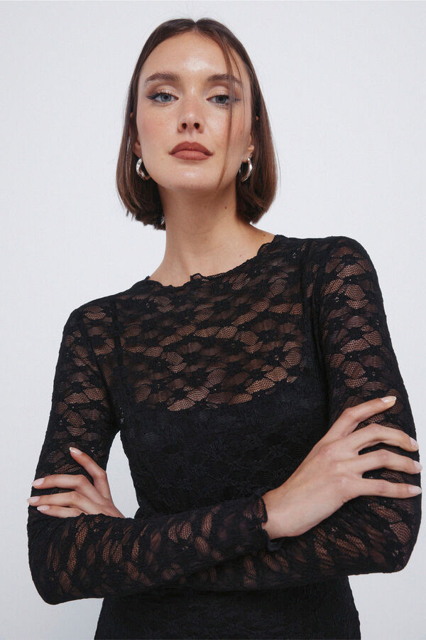 Springfield Vestido midi de encaje asim&eacute;trico negro