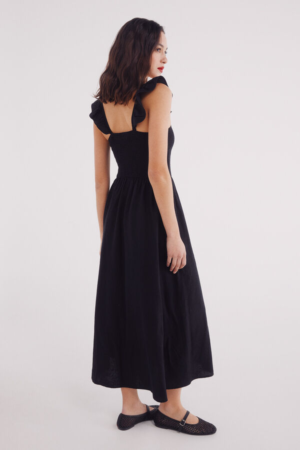 Springfield Vestido midi tirantes volante lino  negro