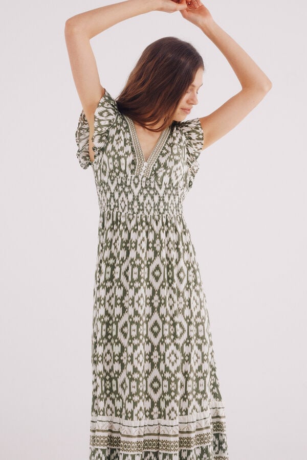 Springfield Vestido midi estampado étnico cenefa verde