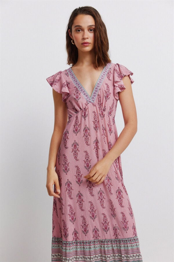 Springfield Vestido midi con volantes estampado cenefa morado/lila