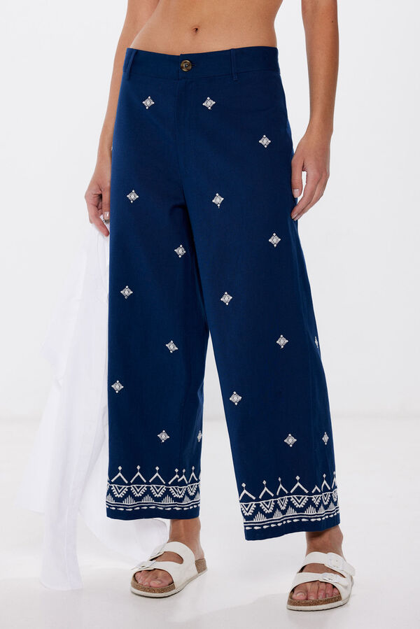 Springfield Pantalones bordados algodón lino marino