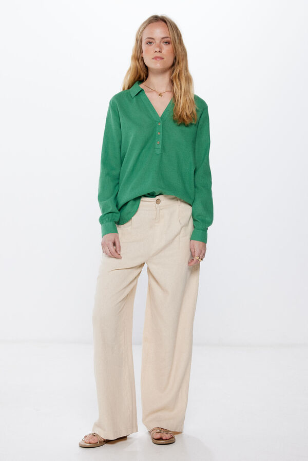 Springfield Blusa polera algodón lino verde