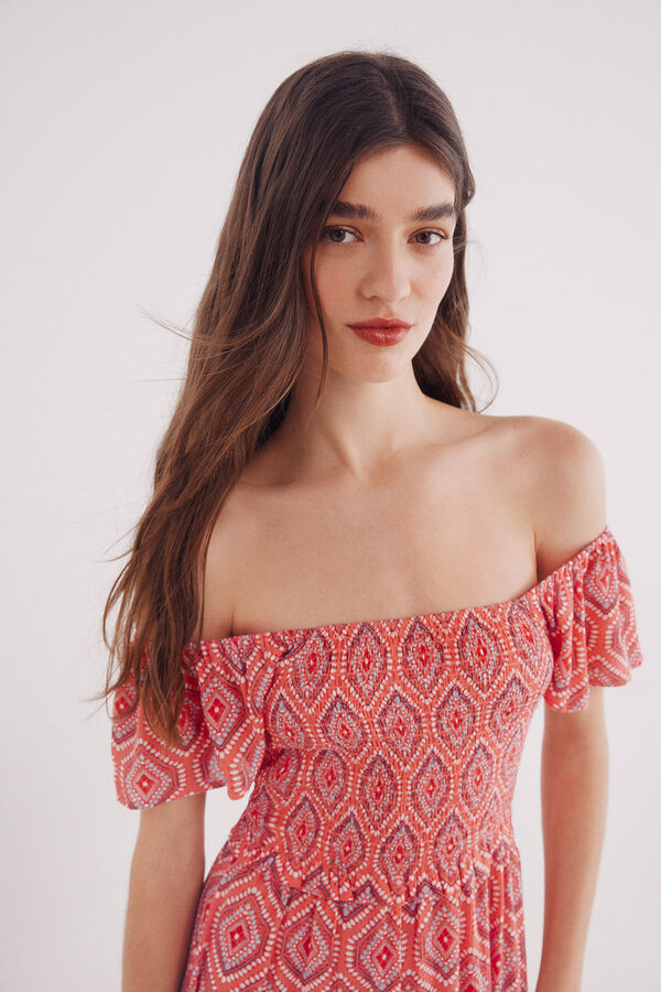 Springfield Vestido midi estampado cuerpo smock coral