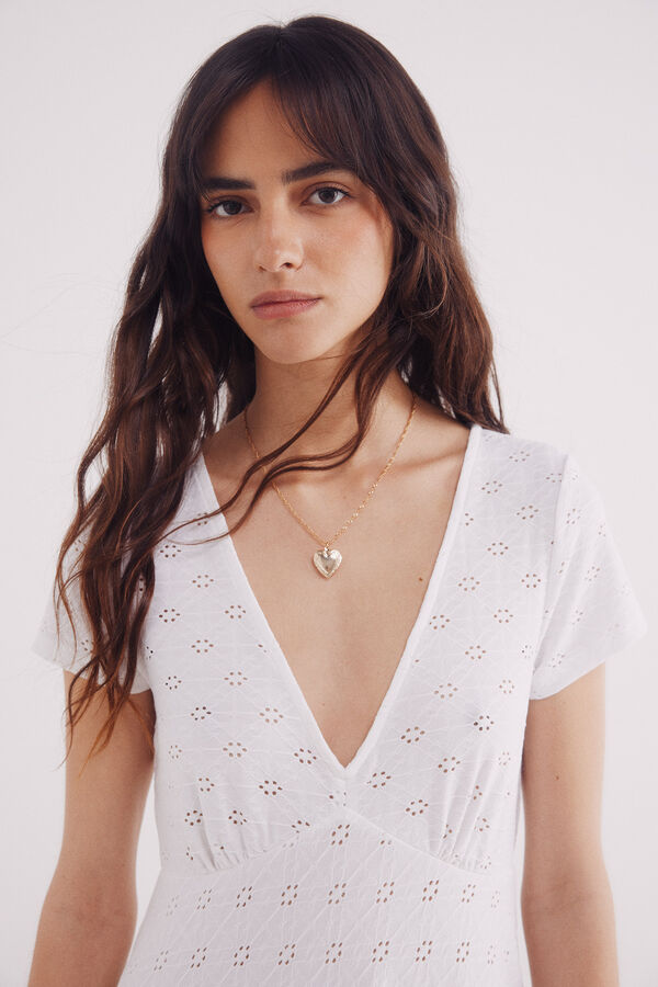 Springfield Vestido midi blanco bordado suizo natural