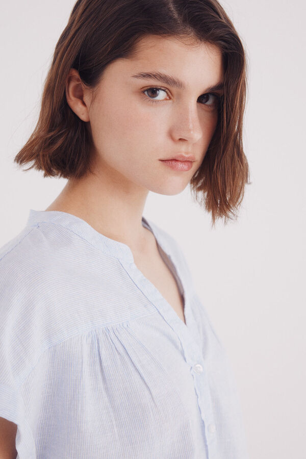 Springfield Blusa escote pico algodón lino azul