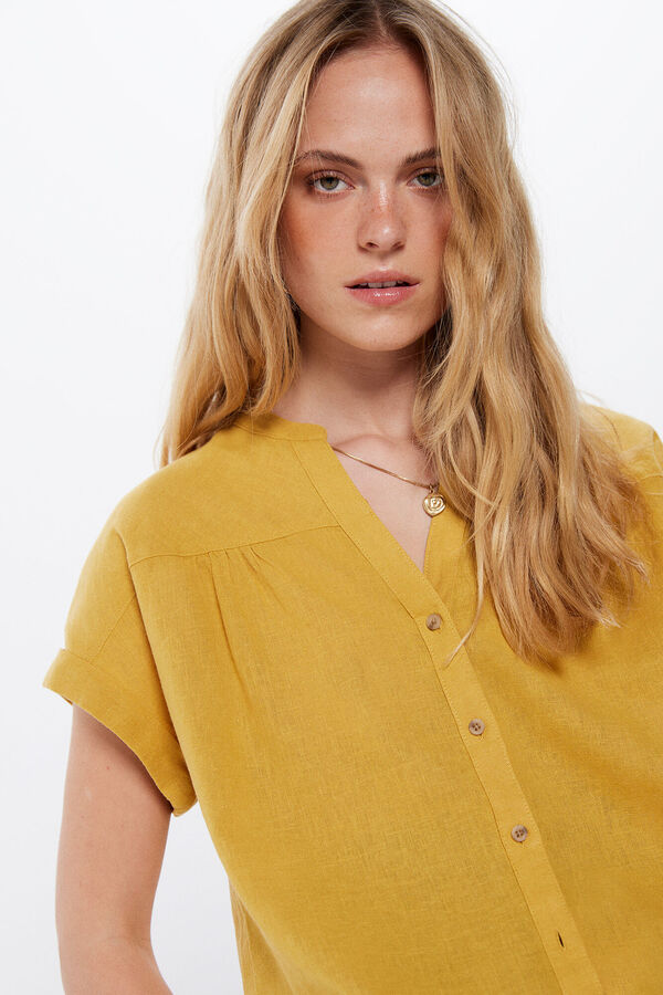 Springfield Blusa cuello mao M/C algodón lino amarillo