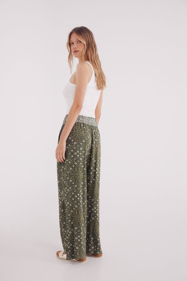Springfield Pantalón fluido palazzo estampado kaki