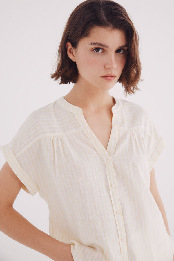 Springfield Blusa escote pico algodón lino amarillo