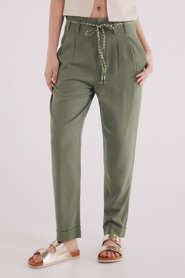 Springfield Pantalón pinzas lino kaki
