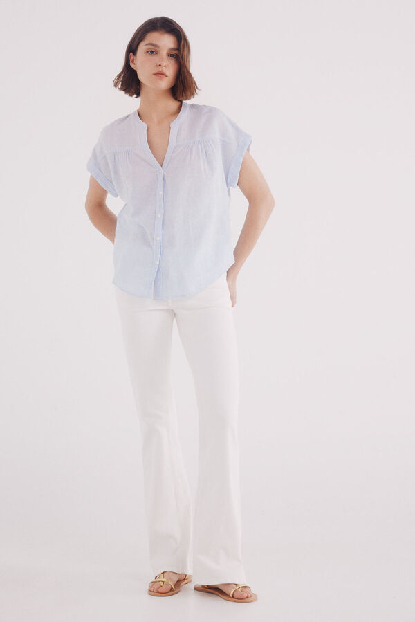 Springfield Blusa escote pico algodón lino azul