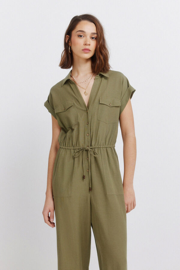 Springfield Jumpsuit de lino con bolsillos kaki