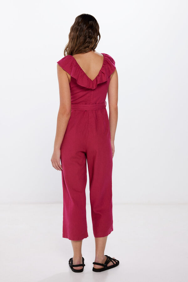 Springfield Jumpsuit escote volante lino/viscosa rosa