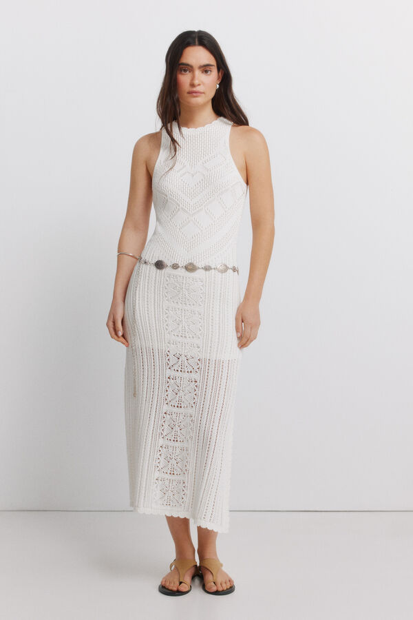 Springfield Vestido midi de punto calado blanco