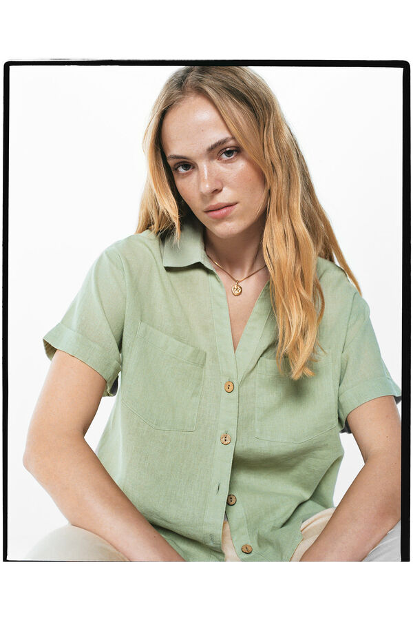 Springfield Blusa bolsillos algodón lino verde