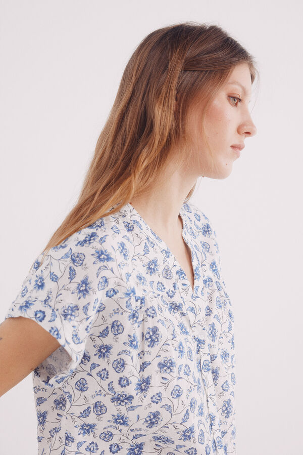 Springfield Blusa escote pico algodón lino azulado