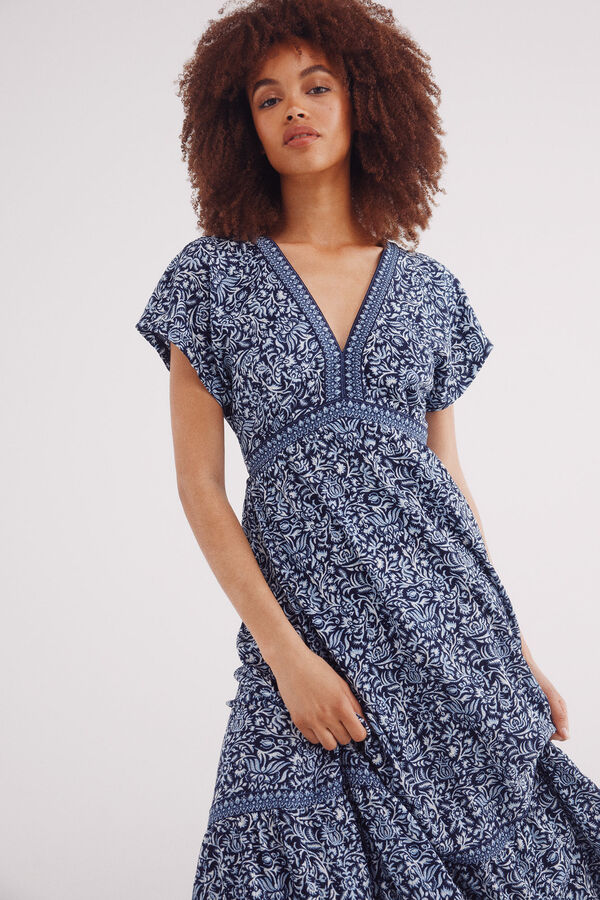 Springfield Vestido midi estampado cenefas y flores azulado