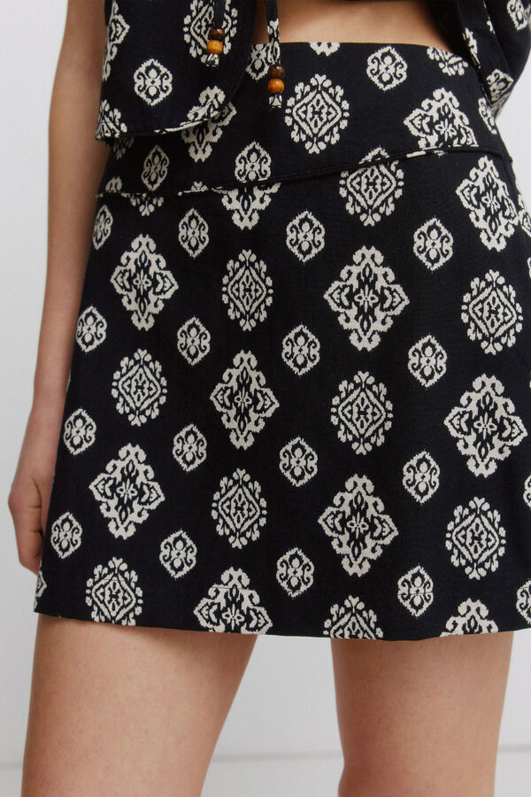 Springfield Falda corta de lino con estampado &eacute;tnico negro