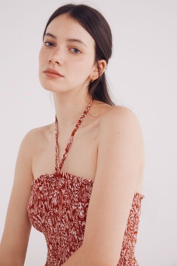 Springfield Vestido midi cuerpo nido de abeja naranja