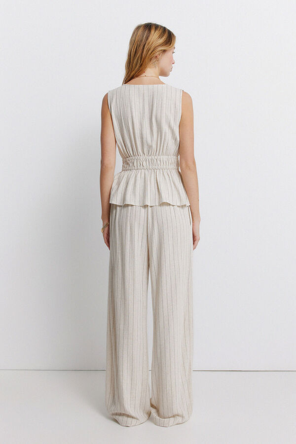 Springfield Pantal&oacute;n largo de lino ancho a rayas caf&eacute;