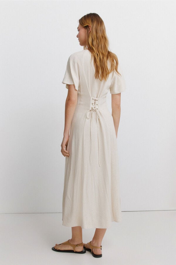 Springfield Vestido midi de lino cruzado en la espalda beige
