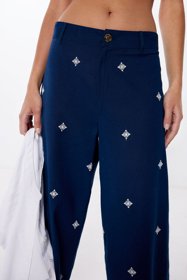 Springfield Pantalones bordados algodón lino marino
