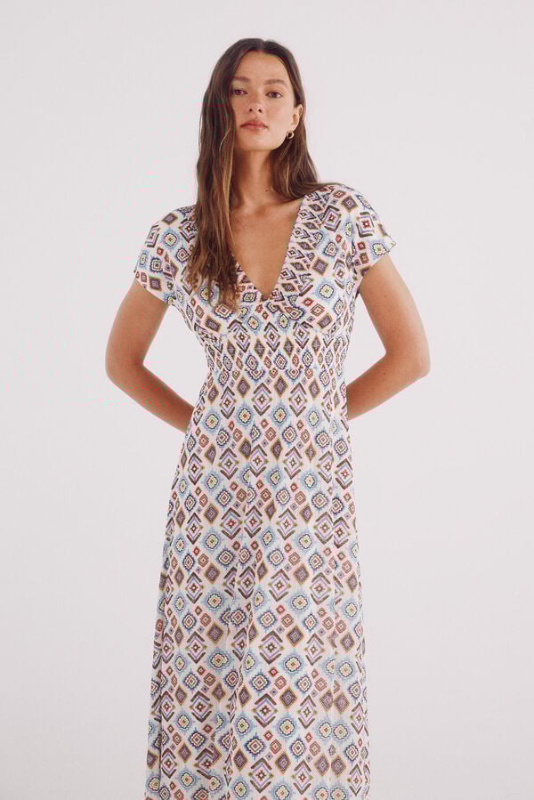 Springfield Vestido midi estampado rombos irregulares beige