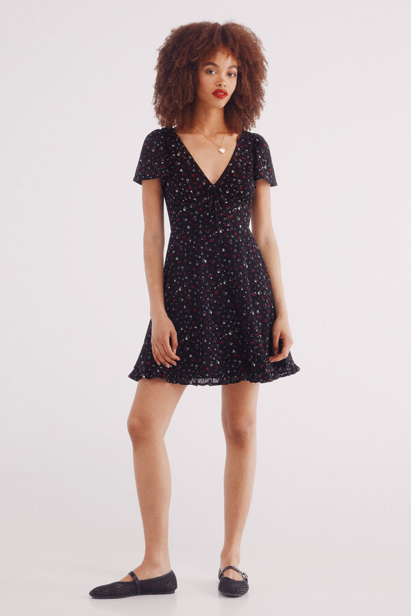 Springfield Vestido corto manga capa estampado negro