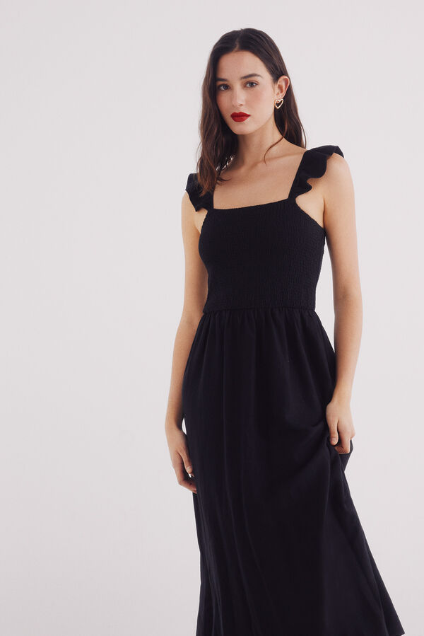 Springfield Vestido midi tirantes volante lino  negro