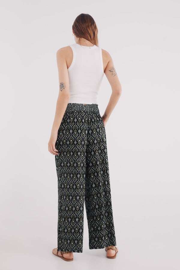 Springfield Pantalón fluido palazzo estampado negro