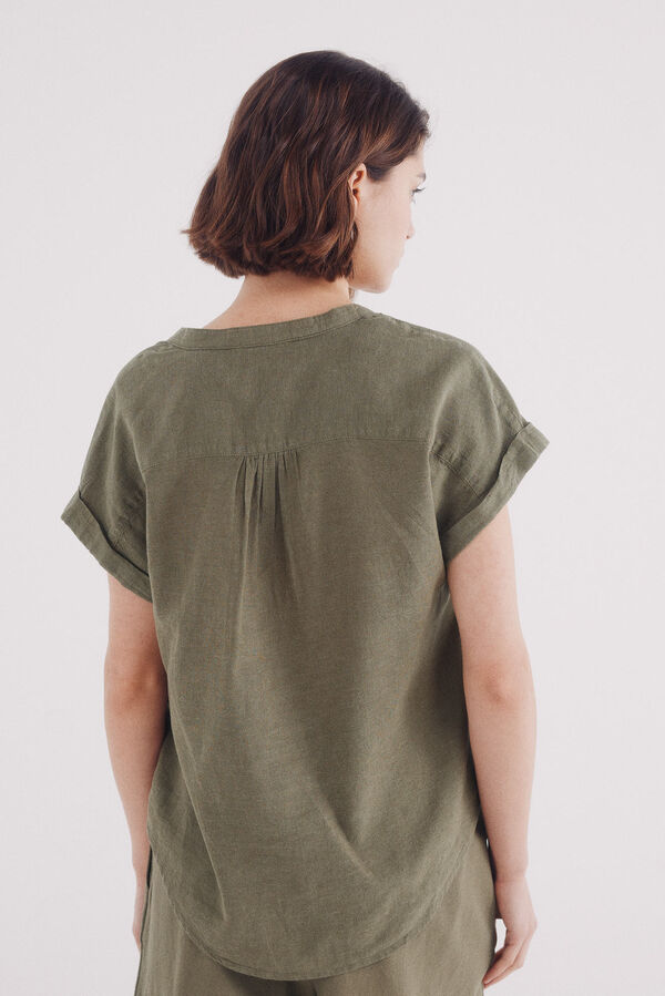 Springfield Blusa escote pico algodón lino kaki