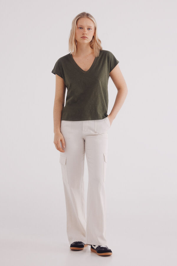 Springfield Camiseta escote pico crochet algodón khaki