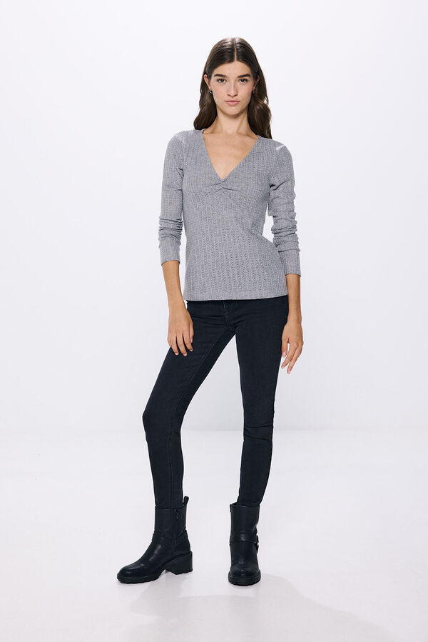 Springfield Playera escote pico frunces gris