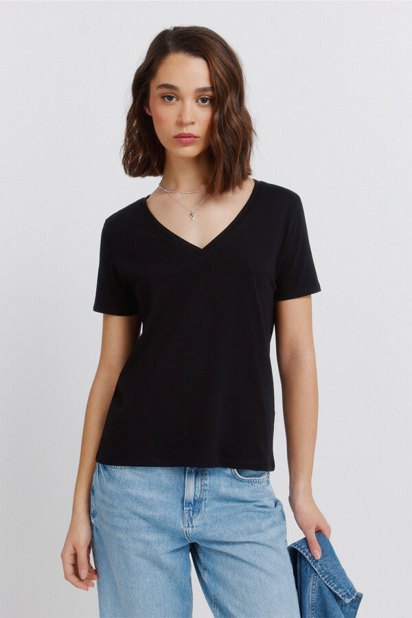 Springfield Playera b&aacute;sica cuello en pico de algod&oacute;n negro