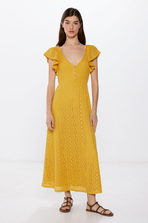 Springfield Vestido Midi Crochet Hombros Volante amarillo