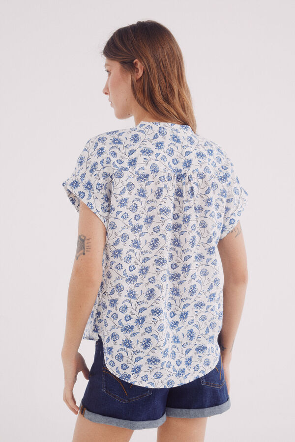 Springfield Blusa escote pico algodón lino azulado