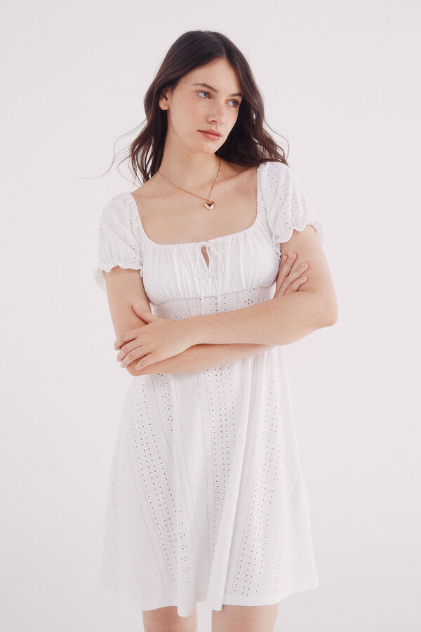 Springfield Vestido corto bordado suizo natural