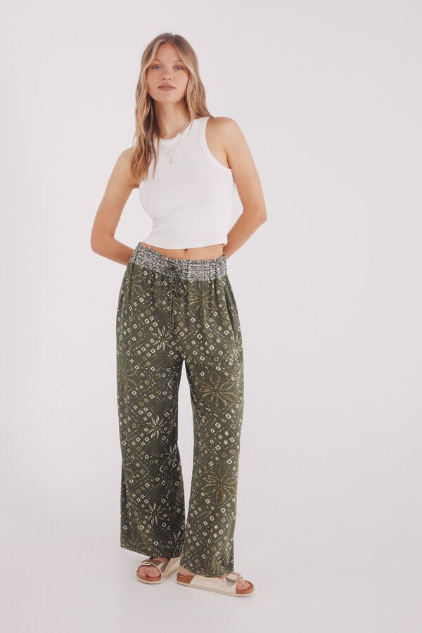 Springfield Pantalón fluido palazzo estampado kaki
